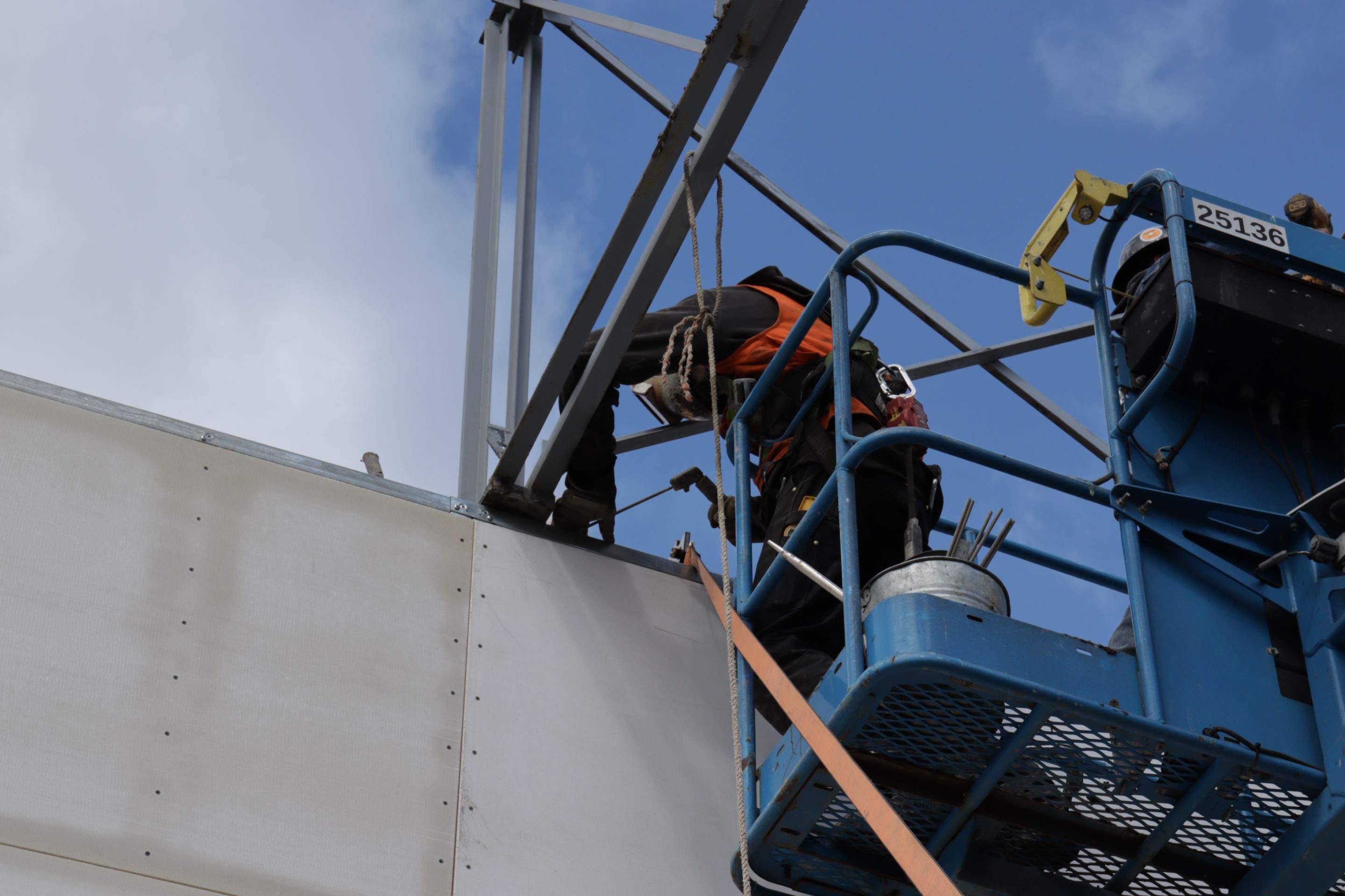 Crane-set steel roof structure being erected on an EcoTech data center site